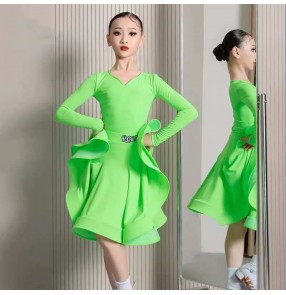 Girls neon green red latin ballroom dance dresses for kids children salsa rumba chacha latin performance costumes for  girls